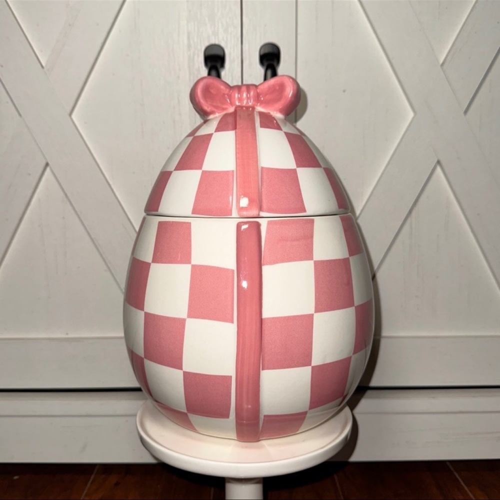 Pink Checkered Easter Egg Cookie Jar Canister with Bow